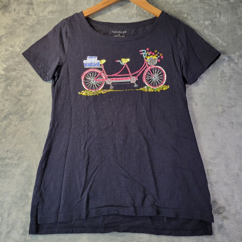 Talbots Womens XS Navy Graphic Bicycle Short Sleeve Cotton Tee‎ EverydayWear